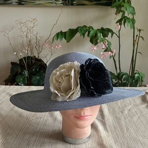 Elegant Women's Wide Brim Hat with Black and Cream Velvet Floral Accents